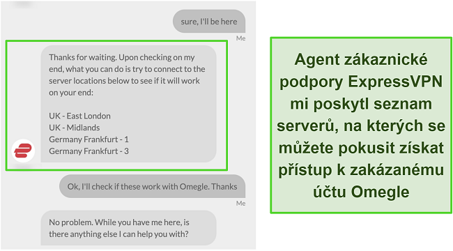 Snímek obrazovky živé konverzace s podporou ExpressVPN ohledně doporučených serverů pro přístup k zakázanému účtu Omegle
