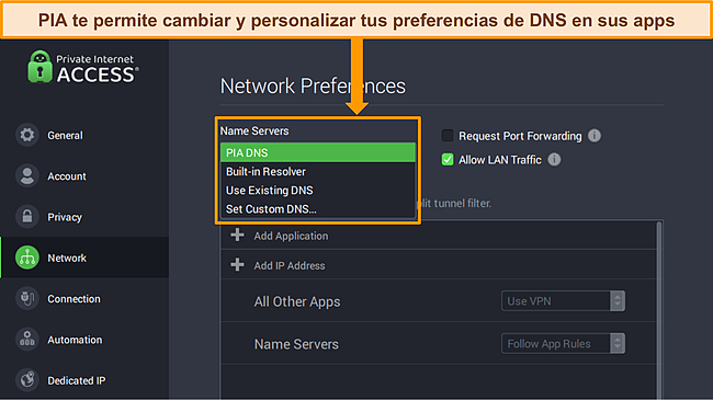 Captura de pantalla de la aplicación de Windows de PIA con el menú de Preferencias de red abierto y las opciones del servidor DNS resaltadas.
