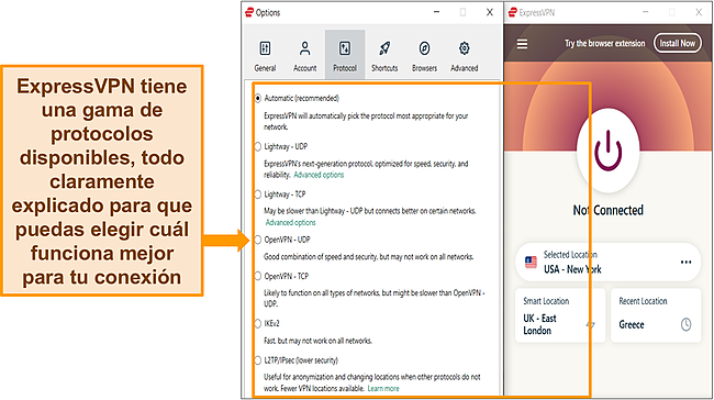 Captura de pantalla de la aplicación de Windows de ExpressVPN con su lista de protocolos resaltada.