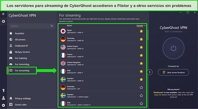Captura de pantalla de la aplicación de Windows de CyberGhost con el menú del servidor de transmisión optimizado abierto y resaltado.