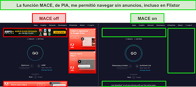 Capturas de pantalla del sitio de prueba de velocidad de Ookla con el bloqueo de anuncios MACE de PIA activado y desactivado, que muestran la diferencia entre los dos.