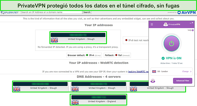 Captura de pantalla de PrivateVPN conectada a un servidor del Reino Unido con resultados de prueba de fugas de IPLeak.net que no muestran fugas.