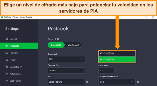 Captura de pantalla de la aplicación de Windows de PIA que muestra los niveles de cifrado personalizables para el protocolo OpenVPN