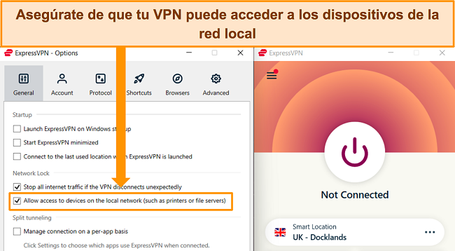 Captura de pantalla de la aplicación de Windows de ExpressVPN con el menú de configuración general abierto, resaltando la opción para 