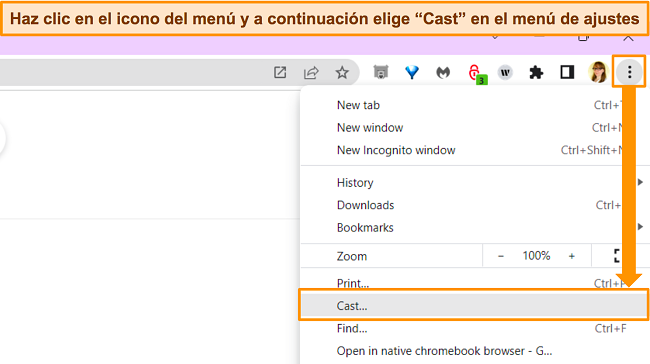 Captura de pantalla de la ventana del navegador Google Chrome, resaltando el botón de menú y la opción de menú 