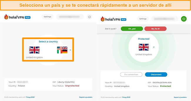 Capturas de pantalla que muestran cómo conectarse al servidor de un país específico en Hola VPN