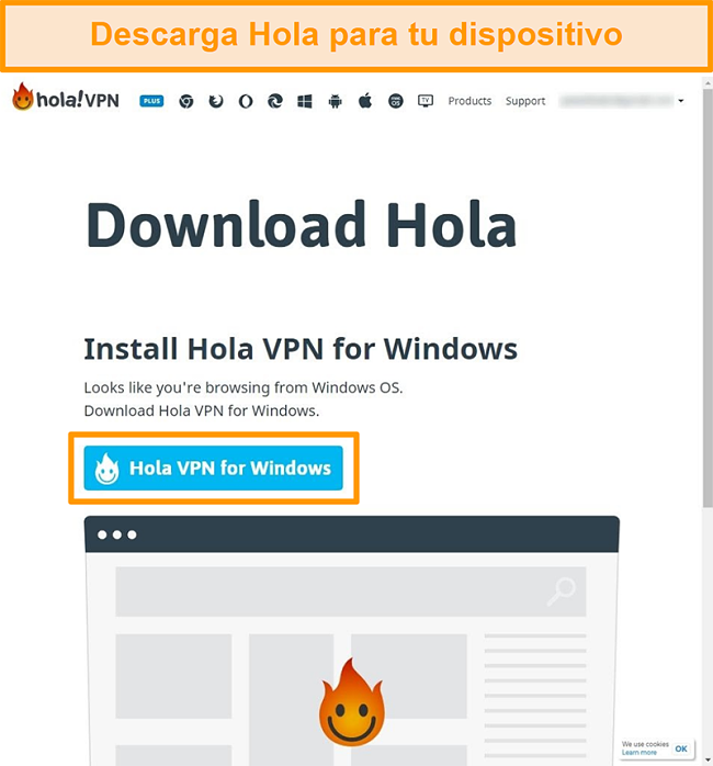Captura de pantalla de la página de descarga de Hola VPN