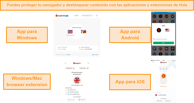 Captura de pantalla de las aplicaciones de Hola para Windows, Android e iOS, así como su extensión de navegador Chrome para Windows y MacOS