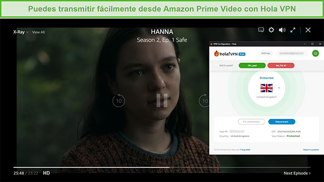 Captura de pantalla de Hola VPN desbloqueando HANNA en Amazon Prime Video