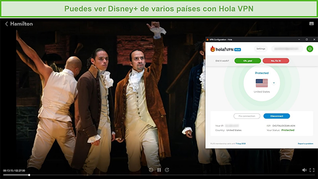 Captura de pantalla de Hola VPN desbloqueando a Hamilton en Disney +