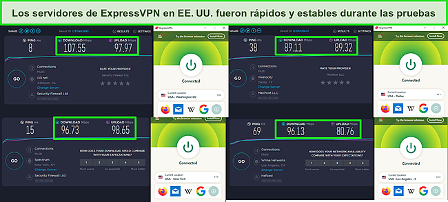 Captura de pantalla de 4 pruebas de velocidad de ExpressVPN mientras estaba conectado a diferentes servidores en los EE. UU.