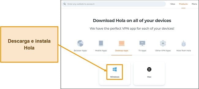 Captura de pantalla de la sección de descarga de aplicaciones del sitio web de Hola VPN