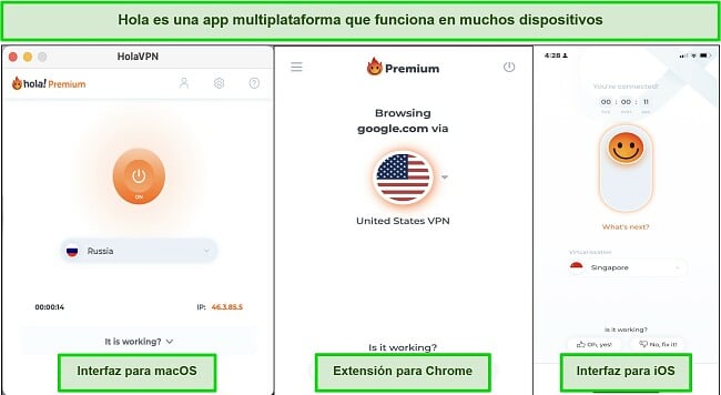 Captura de pantalla de la interfaz Hola VPN en dispositivos compatibles