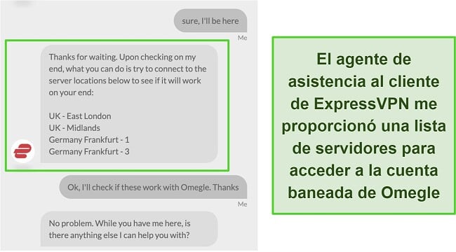 Captura de pantalla de la conversación de chat en vivo con el soporte de ExpressVPN sobre los servidores recomendados para acceder a una cuenta Omegle prohibida