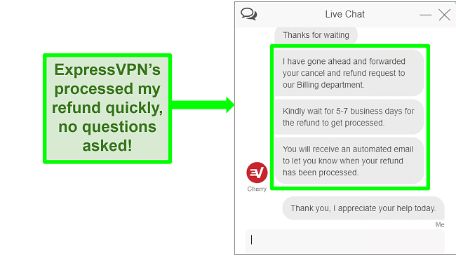 Screenshot of ExpressVPN live chat refund being processed