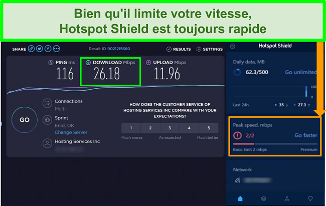 Capture d'écran des résultats du test de vitesse lors de la connexion à l'interface Hotspot Shield
