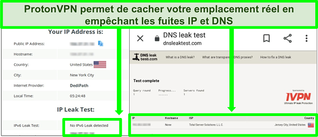 Capture d'écran d'un test de fuite DNS et d'adresse IP ne montrant aucune fuite d'adresse IP lors de la connexion à ProtonVPN