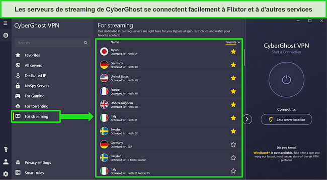 Capture d'écran de l'application Windows de CyberGhost avec le menu du serveur de streaming optimisé ouvert et mis en surbrillance.