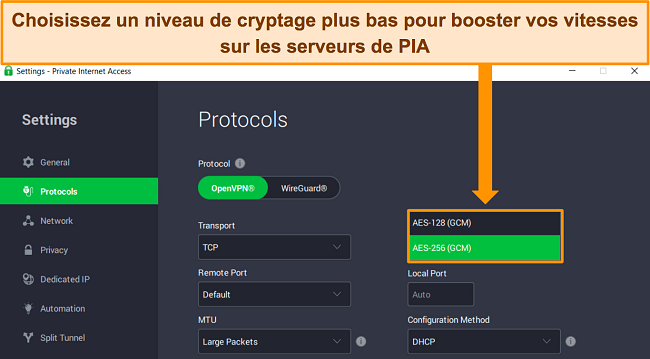 Capture d'écran de l'application Windows de PIA montrant les niveaux de cryptage personnalisables pour le protocole OpenVPN