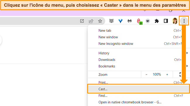 Capture d'écran de la fenêtre du navigateur Google Chrome, mettant en évidence le bouton de menu et l'option de menu 