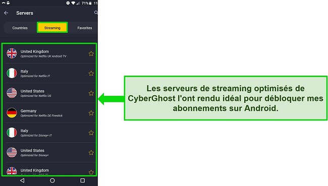 Capture d'écran du menu du serveur de streaming de CyberGhost sur Android