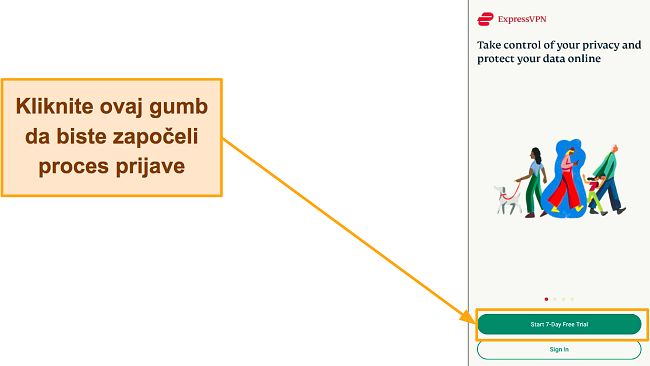 Snimka zaslona ExpressVPN stranice za prijavu, s istaknutim 