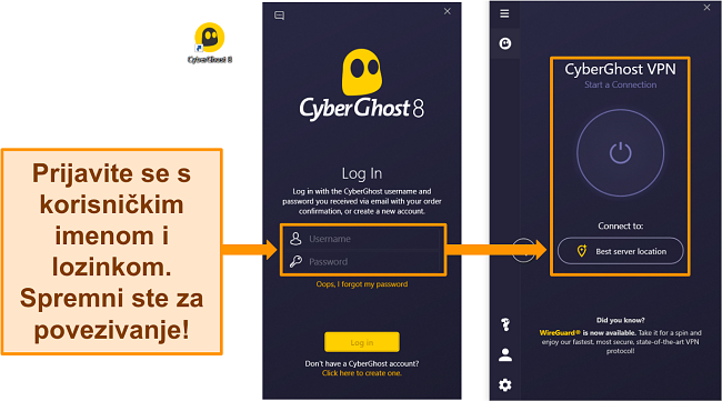 Snimka zaslona aplikacije CyberGhost za Windows s istaknutim odjeljkom s korisničkim imenom i lozinkom.