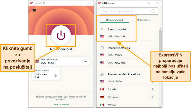 Snimka zaslona ExpressVPN stranica veze i popisa poslužitelja