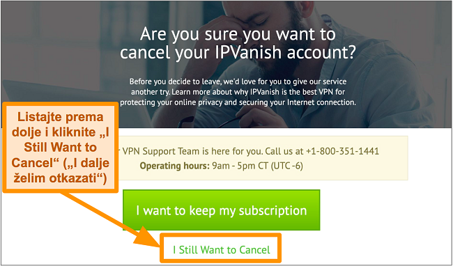 Snimka zaslona potvrde otkazivanja IPVanish-a na radnoj površini