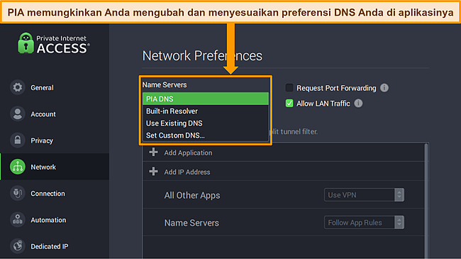 Tangkapan layar aplikasi Windows PIA dengan menu Preferensi Jaringan terbuka dan opsi server DNS disorot.