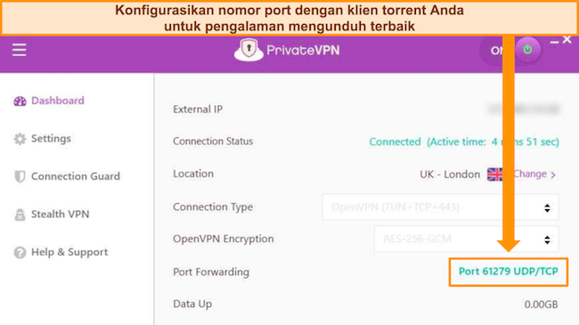 Cuplikan layar aplikasi Windows PrivateVPN menunjukkan nomor port yang ditetapkan secara acak yang dapat dikonfigurasi dengan klien torrent untuk pengunduhan yang lebih baik