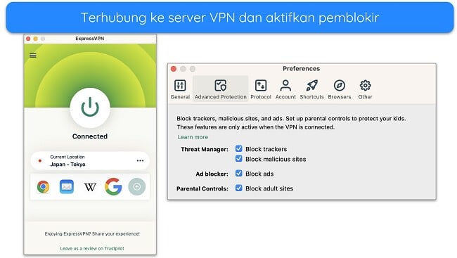 Cuplikan layar ExpressVPN yang terhubung ke server dan opsi pemblokir Perlindungan Lanjutannya