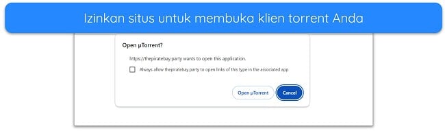 Tangkapan layar pemberitahuan untuk membuka klien uTorrent