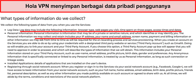 Tangkapan layar kebijakan privasi VPN Hola yang menunjukkan alamat IP log