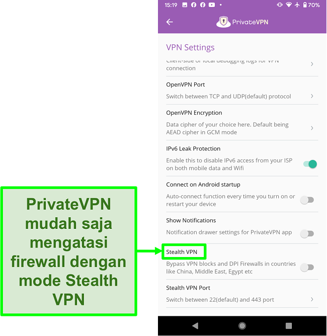 Tangkapan layar aplikasi Android PrivateVPN yang menampilkan fitur Stealth VPN yang membantu menerobos blokir VPN