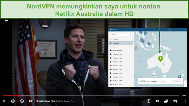 Tangkapan layar dari NordVPN yang membuka blokir Netflix Australia saat bermain Brooklyn Nine-Nine