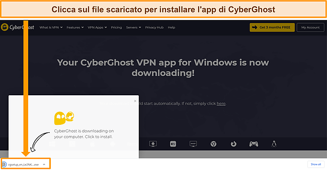 Screenshot dell'app CyberGhost scaricata su un dispositivo Windows.