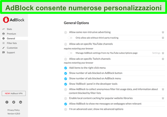 Screenshot che mostra le numerose opzioni di personalizzazione di AdBlock