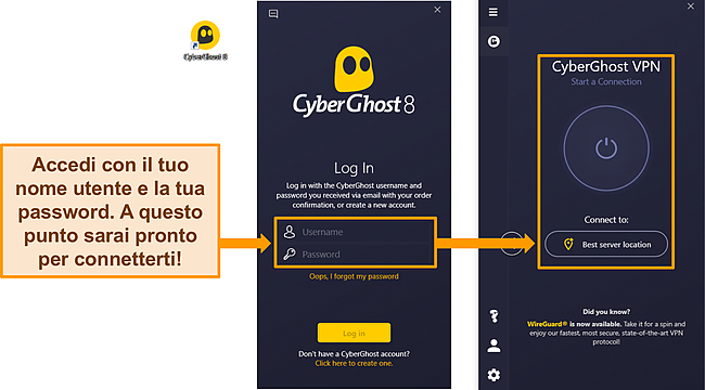 Screenshot dell'app Windows di CyberGhost con la sezione nome utente e password evidenziata.