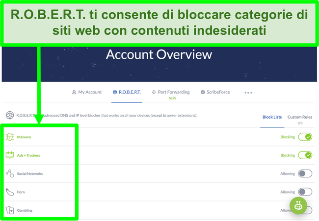 Screenshot della pagina delle impostazioni di Winscribe che mostra le opzioni per bloccare annunci, malware e categorie di siti web