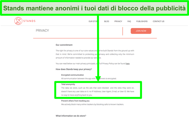 Screenshot del sito Web di Stand in cui si afferma che i dati sugli annunci bloccati non sono mai collegati alle informazioni personali degli utenti