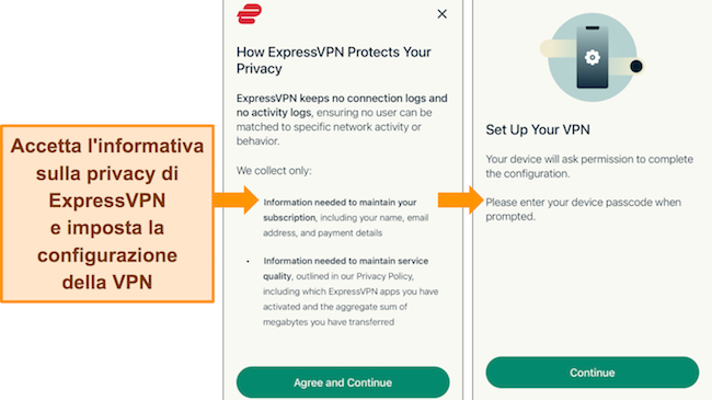 Immagini dell'app mobile di ExpressVPN, che mostrano le autorizzazioni per installare le configurazioni VPN e accettare l'informativa sulla privacy