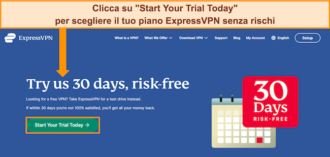 Immagine del sito web ufficiale di ExpressVPN, in cui è evidenziato il collegamento 