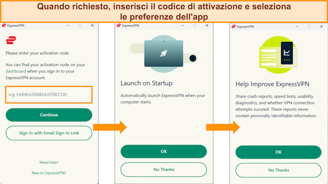 Schermate dell'app Windows di ExpressVPN che mostrano dove inserire il codice di attivazione e le preferenze dell'app