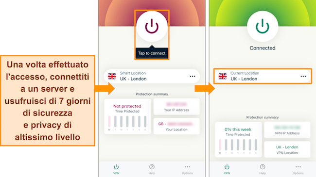 Schermate delle app di ExpressVPN che mostrano come connettersi a un server