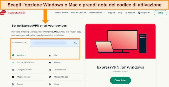 Immagine del sito web di ExpressVPN che mostra le opzioni di download per Windows e Mac e chiede all'utente di annotare il codice di attivazione