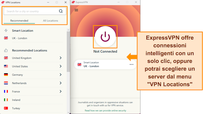 Screenshot dell'app Windows di ExpressVPN che mostra il pulsante Smart Connect e il menu delle posizioni dei server