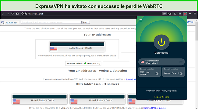 Risultati del test di velocità di un test di tenuta WebRTC per ExpressVPN.