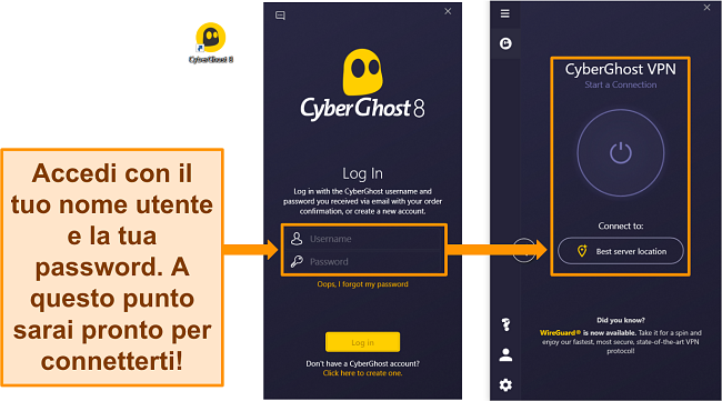 Screenshot dell'app Windows di CyberGhost con la sezione relativa a nome utente e password evidenziata.