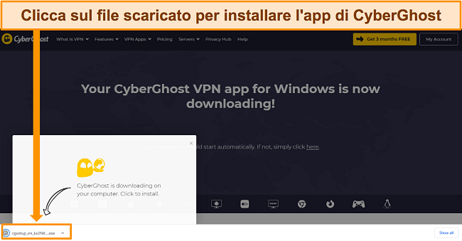 Screenshot dell'app CyberGhost scaricata su un dispositivo Windows.